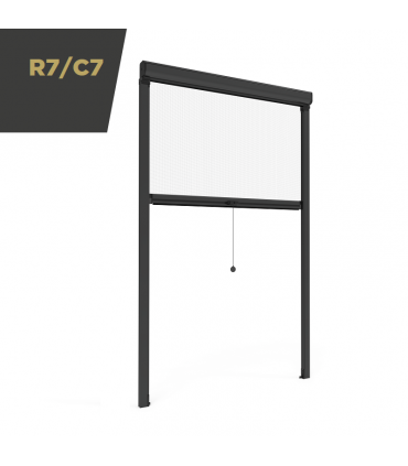 R7/C7 Vertical spring retractable insect screen with ratchet lock and telescopic window rail