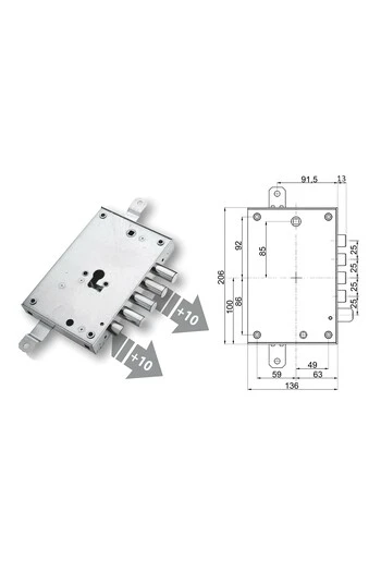 Cerradura de puerta acorazada con cilindro europeo para Mottura Dieffe 4 pitones distancia entre ejes 25 pitones extendidos