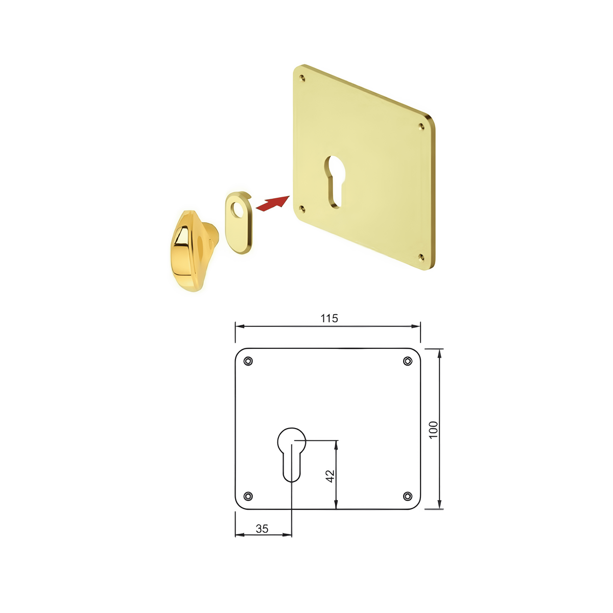 Plaque carrée avec bouton pour porte blindée avec cylindre européen pour Cisa Mottura Dierre Securemme