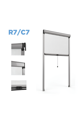 R7/C7 Moustiquaire rétractable à ressort vertical avec fermeture à cliquet et rail de fenêtre télescopique