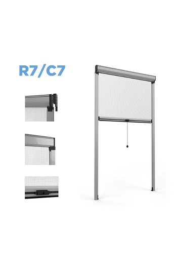 R7/C7 Vertikales, federunterstütztes Insektenschutzgitter mit Ratschenverschluss und Teleskop-Fensterschiene