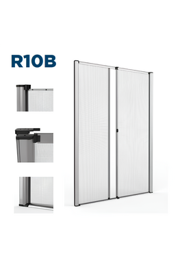 R10B Mosquitera persiana enrollable central con muelle de apertura lateral para puerta con guía de paso