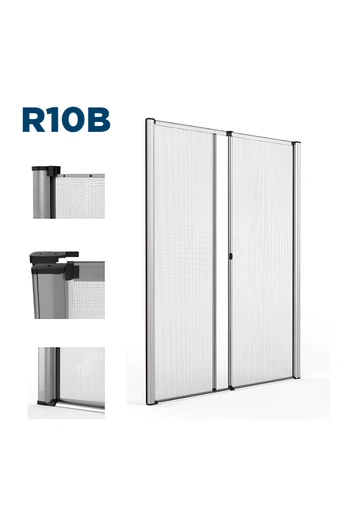 R10B Mosquitera persiana enrollable central con muelle de apertura lateral para puerta con guía de paso